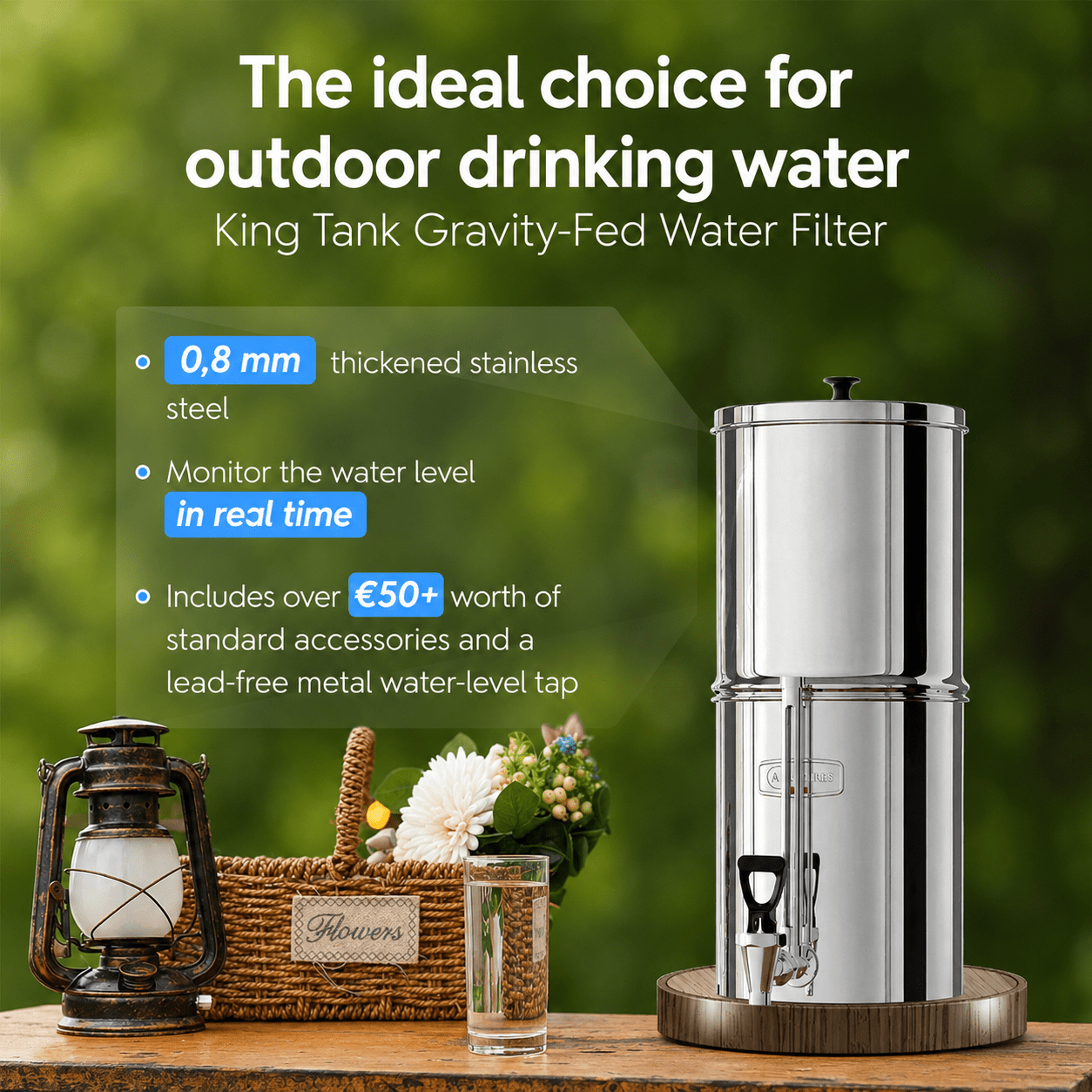 RVS Zwaartekracht Waterfiltersysteem (8,5l) incl. 2 Koolstoffilters & 2 Fluoridefilters