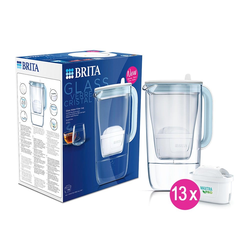 BRITA Glazen Waterfilterkan + 13 MAXTRA PRO Waterfilters (filtert PFAS)